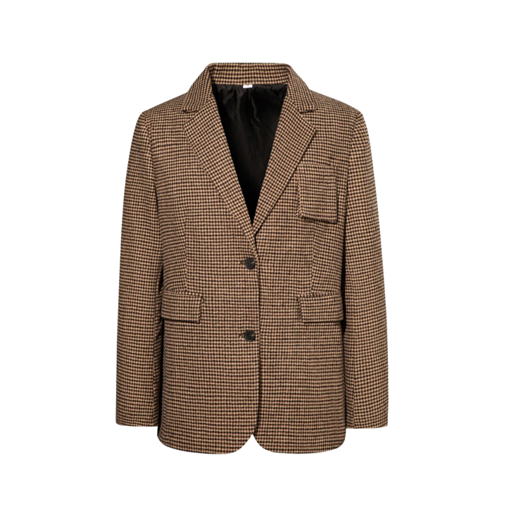 Brun Rute Blazer med Enkel Knaplukning
