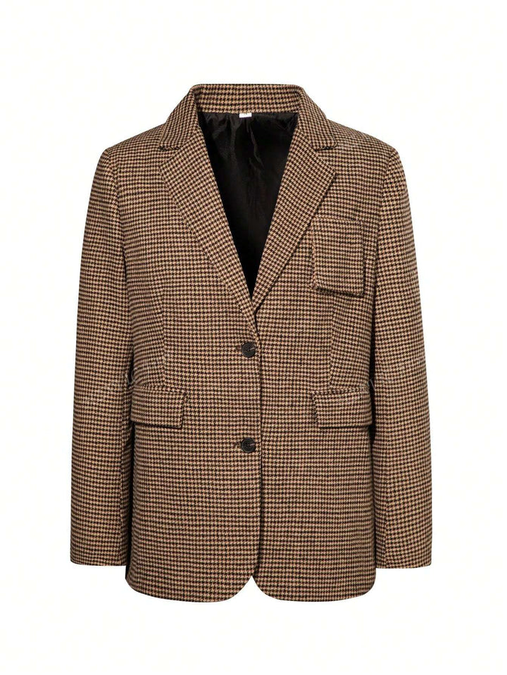 Brun Rute Blazer med Enkel Knaplukning