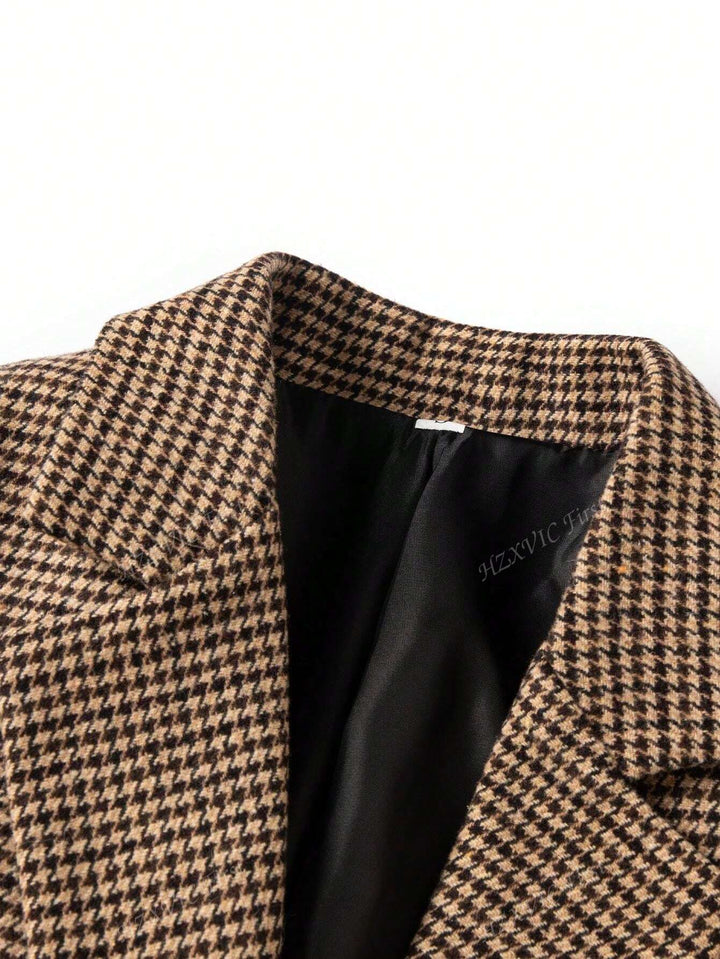Brun Rute Blazer med Enkel Knaplukning