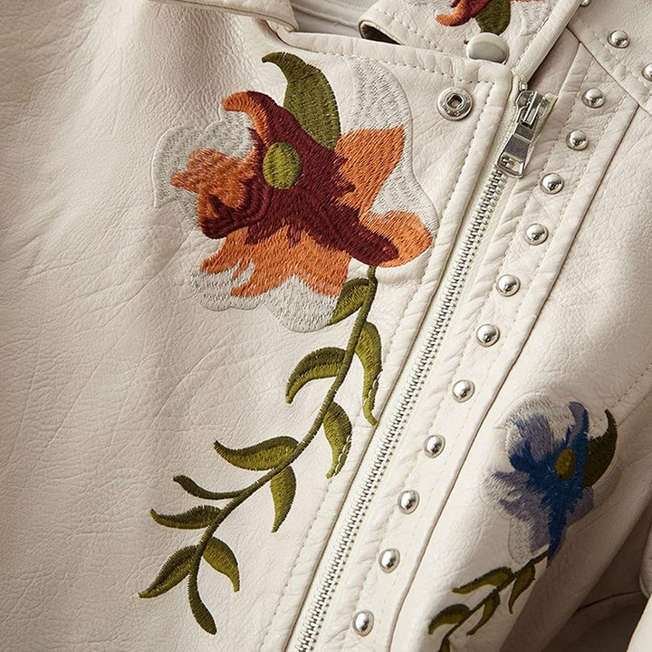Stilfuld Bikerjakke med Blomstret Broderi