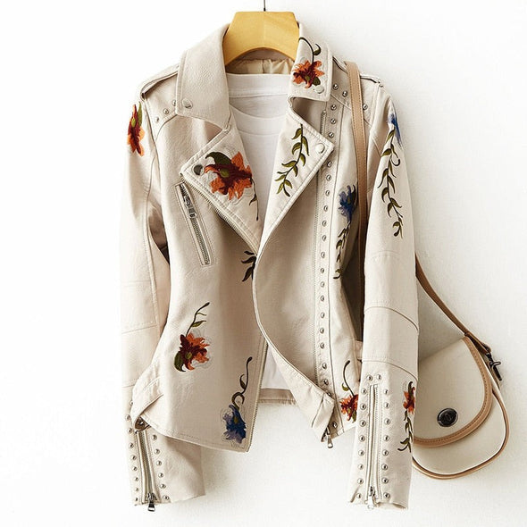 Stilfuld Bikerjakke med Blomstret Broderi
