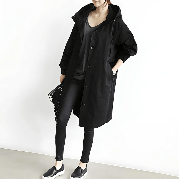 Oversized Hættet Frakke med Knapper