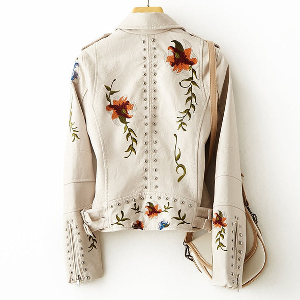 Stilfuld Bikerjakke med Blomstret Broderi